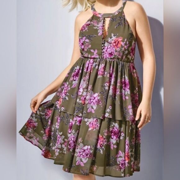 Torrid Chiffon Olive Green Floral Layered Peplum Dress (1) - Picture 2 of 8